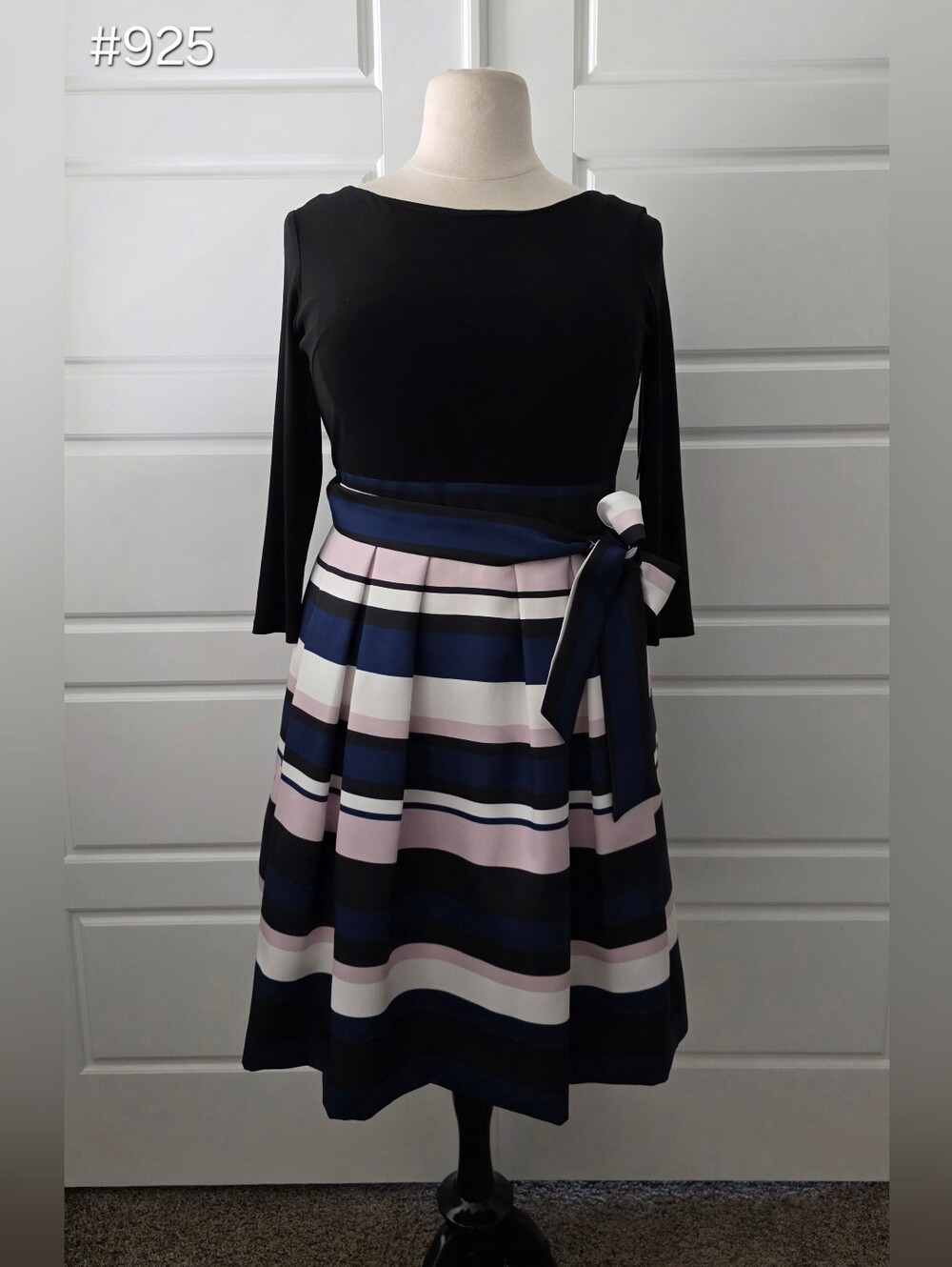 Jessica Howard Pleated Midi Dress With Black Bodice & Striped Skirt